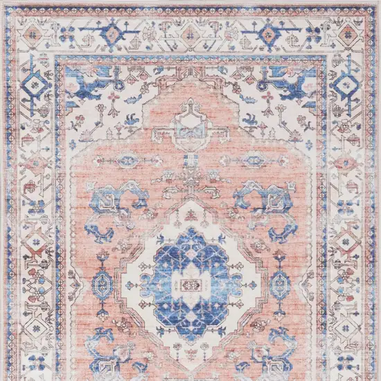 Ivory Blue and Coral Oriental Distressed Non Skid Area Rug Photo 8