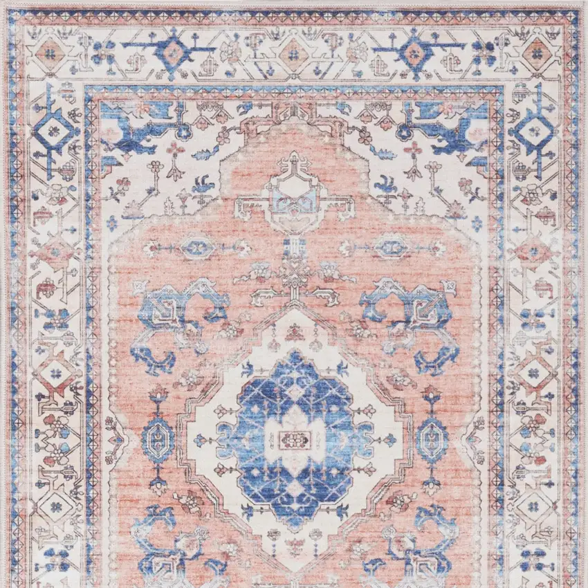 Ivory Blue and Coral Oriental Distressed Non Skid Area Rug Photo 8