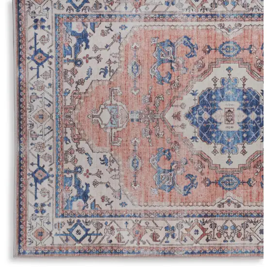 Ivory Blue and Coral Oriental Distressed Non Skid Area Rug Photo 4