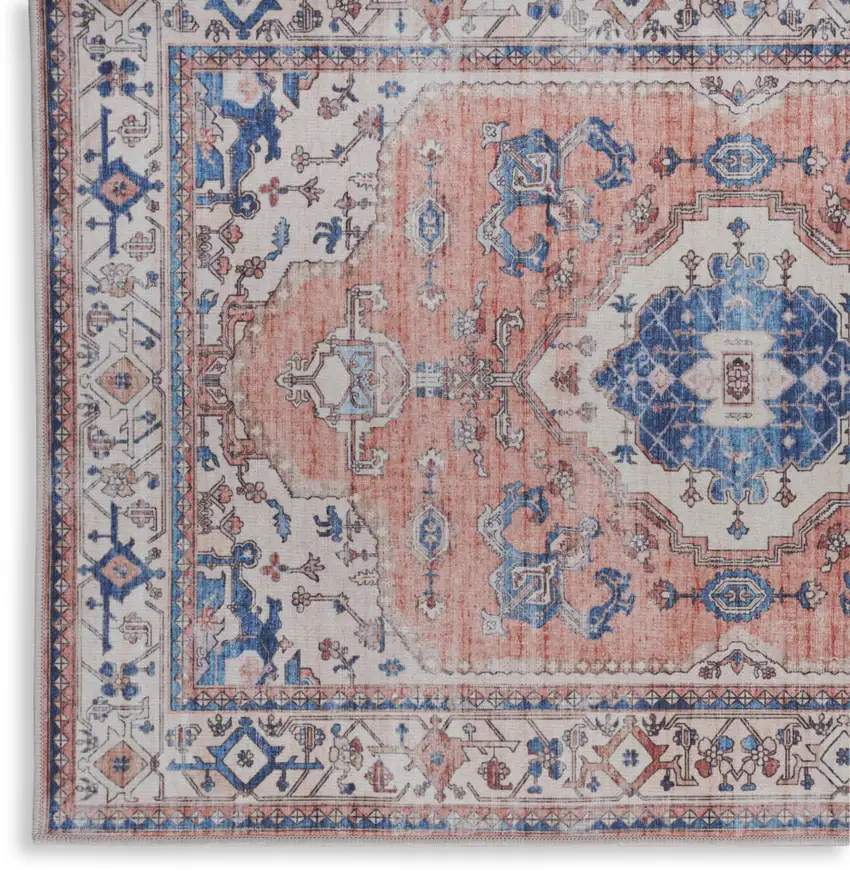 Ivory Blue and Coral Oriental Distressed Non Skid Area Rug Photo 4