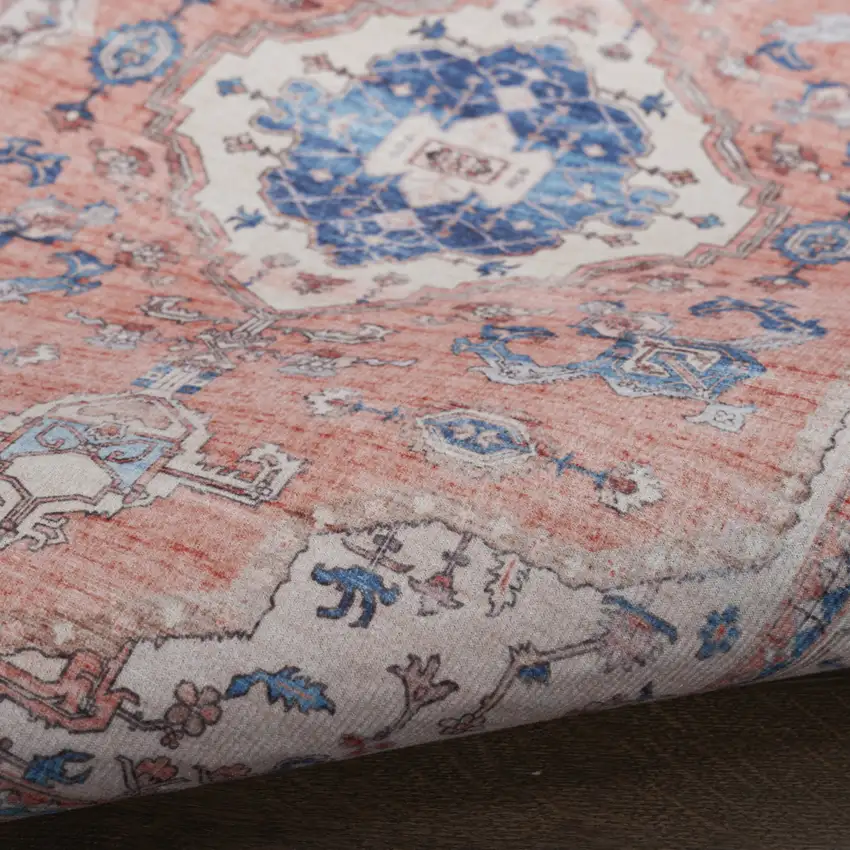 Ivory Blue and Coral Oriental Distressed Non Skid Area Rug Photo 5