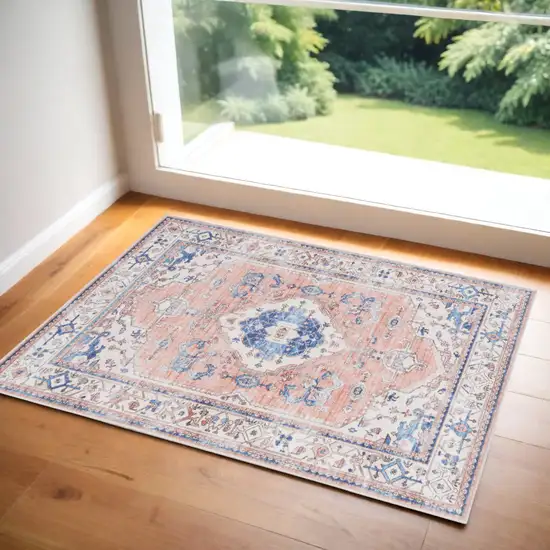 Ivory Blue and Coral Oriental Distressed Non Skid Area Rug Photo 3