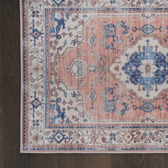 Ivory Blue and Coral Oriental Distressed Non Skid Area Rug Photo 9