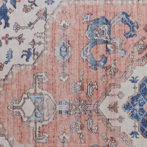 Photo of Ivory Blue and Coral Oriental Distressed Non Skid Area Rug