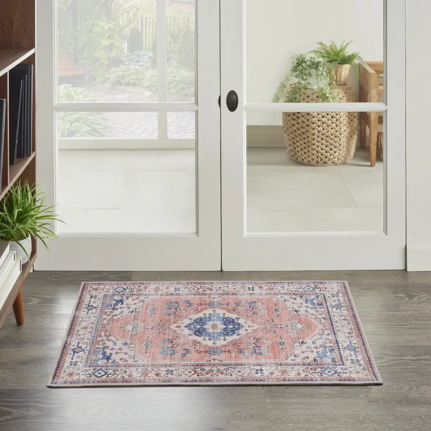 Ivory Blue and Coral Oriental Distressed Non Skid Area Rug Photo 6