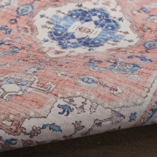 Ivory Blue and Coral Oriental Distressed Non Skid Area Rug Photo 7