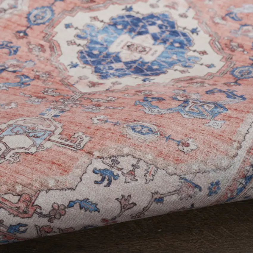 Ivory Blue and Coral Oriental Distressed Non Skid Area Rug Photo 7