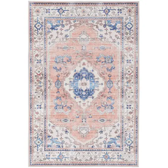 Ivory Blue and Coral Oriental Distressed Non Skid Area Rug Photo 2