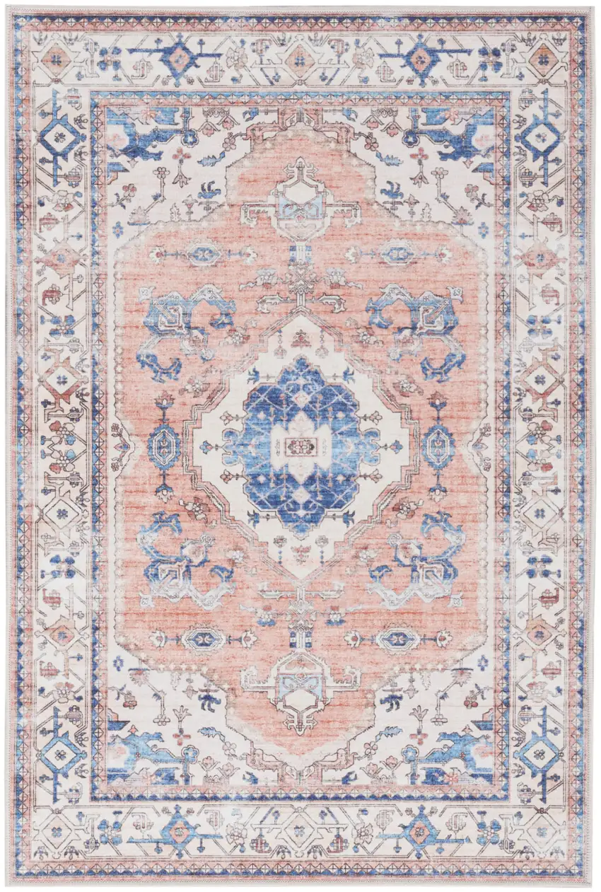 Ivory Blue and Coral Oriental Distressed Non Skid Area Rug Photo 2