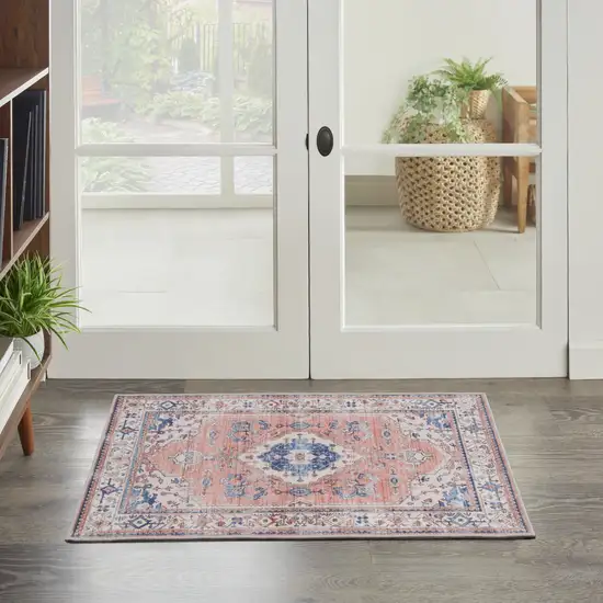 Ivory Blue and Coral Oriental Distressed Non Skid Area Rug Photo 9