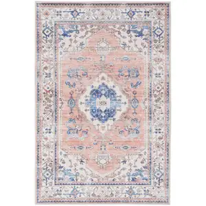 Photo of Ivory Blue and Coral Oriental Distressed Non Skid Area Rug