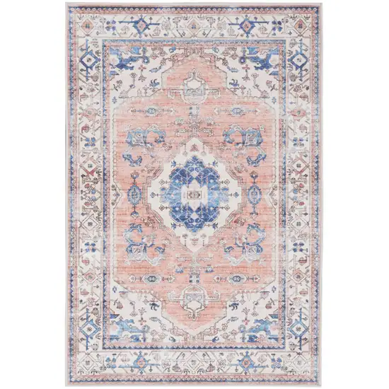 Ivory Blue and Coral Oriental Distressed Non Skid Area Rug Photo 1