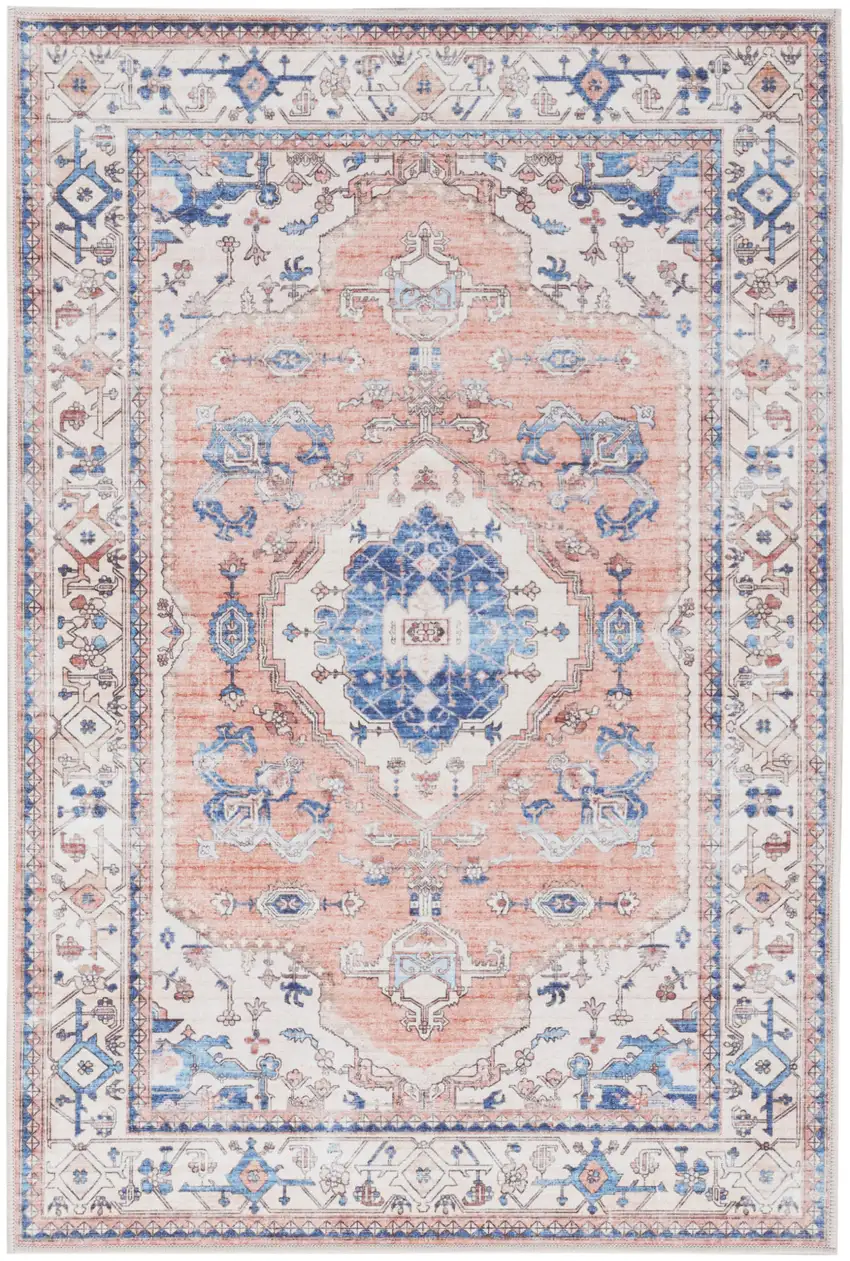 Ivory Blue and Coral Oriental Distressed Non Skid Area Rug Photo 1