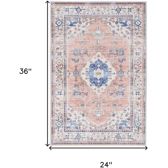 Ivory Blue and Coral Oriental Distressed Non Skid Area Rug Photo 3