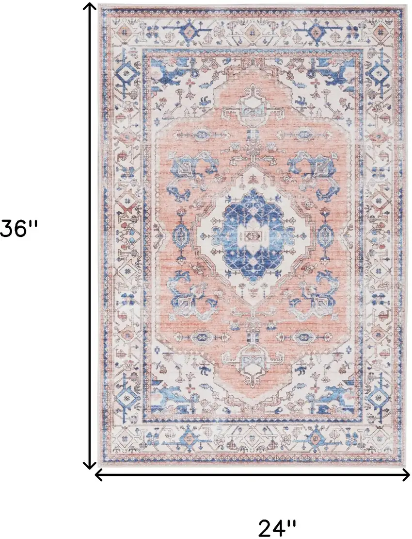Ivory Blue and Coral Oriental Distressed Non Skid Area Rug Photo 3