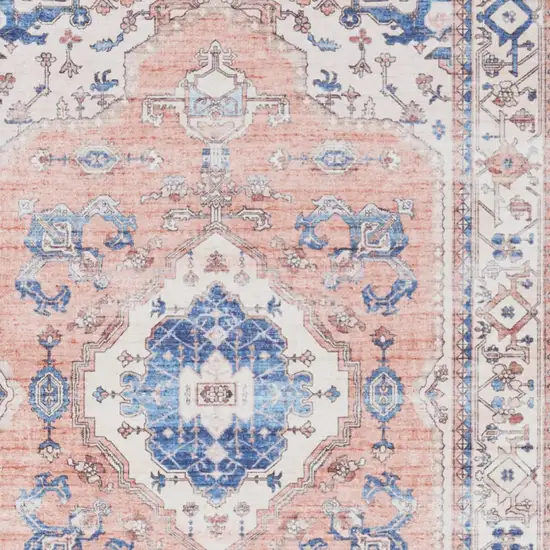 Ivory Blue and Coral Oriental Distressed Non Skid Area Rug Photo 7