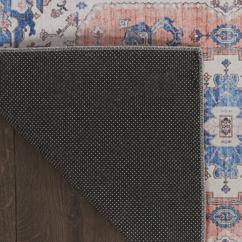 Ivory Blue and Coral Oriental Distressed Non Skid Area Rug Photo 8