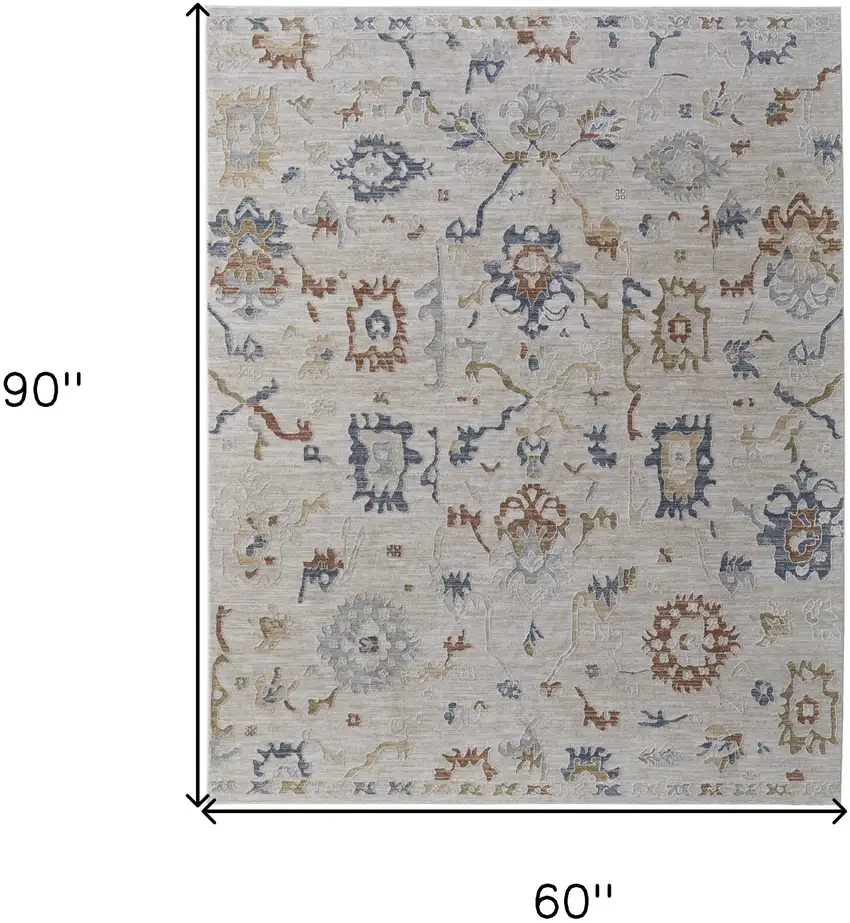 Ivory Blue and Gold Floral Power Loom Worn Faded Area Rug With Fringe Photo 3