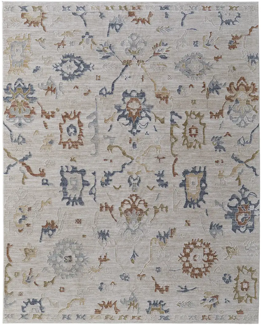 Ivory Blue and Gold Floral Power Loom Worn Faded Area Rug With Fringe Photo 2