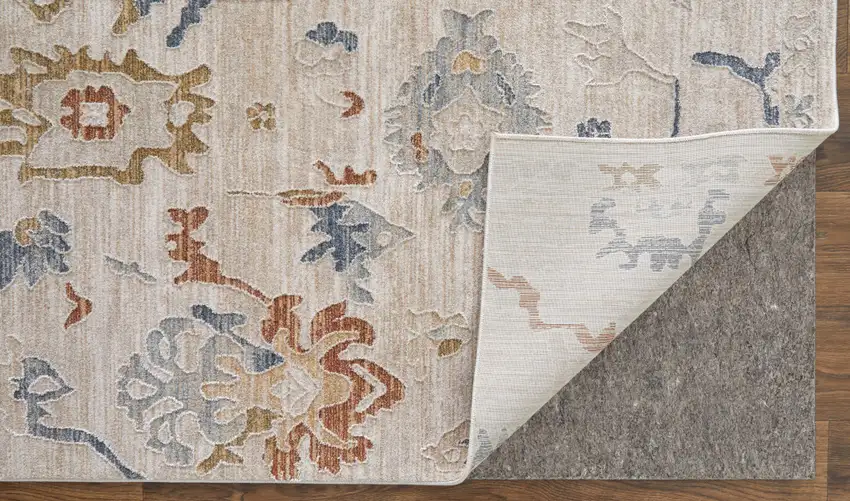 Ivory Blue and Gold Floral Power Loom Worn Faded Area Rug With Fringe Photo 8