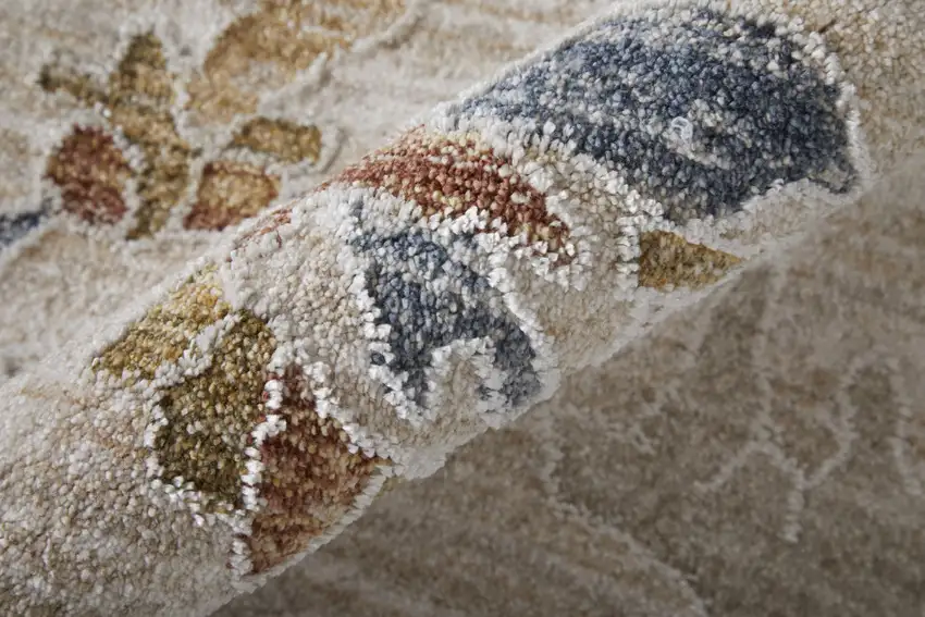 Ivory Blue and Gold Floral Power Loom Worn Faded Area Rug With Fringe Photo 6