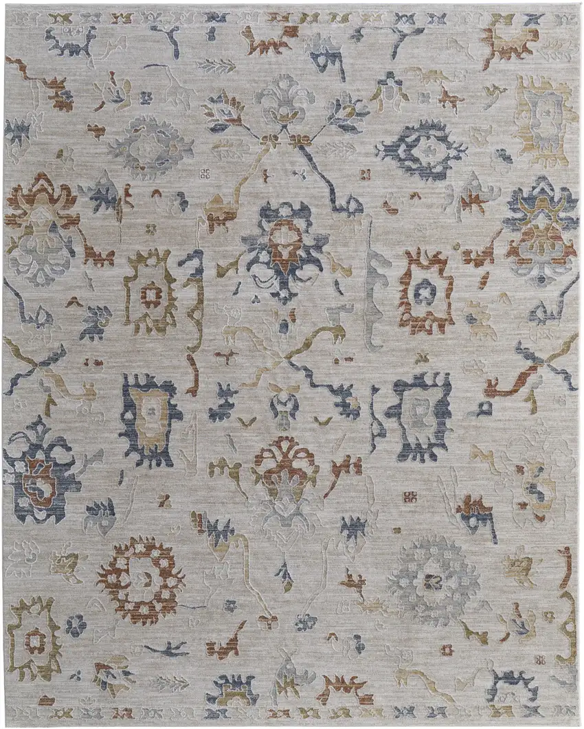 Ivory Blue and Gold Floral Power Loom Worn Faded Area Rug With Fringe Photo 5