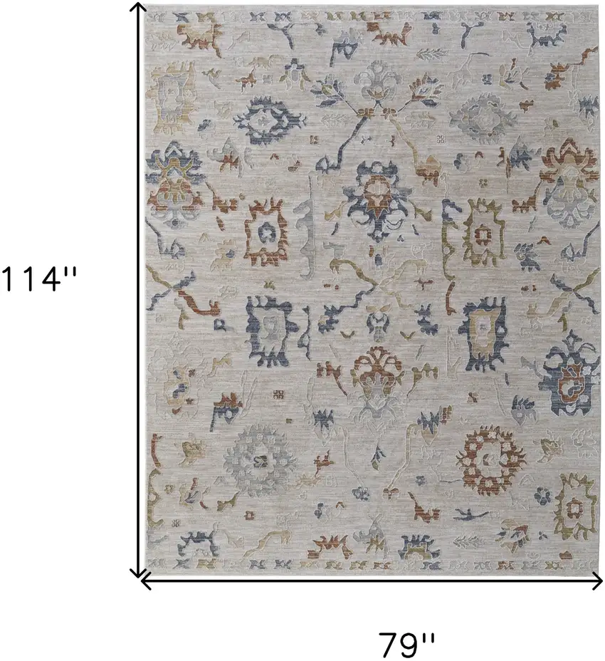 Ivory Blue and Gold Floral Power Loom Worn Faded Area Rug With Fringe Photo 3