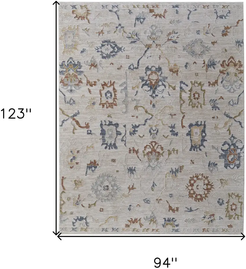 Ivory Blue and Gold Floral Power Loom Worn Faded Area Rug With Fringe Photo 3