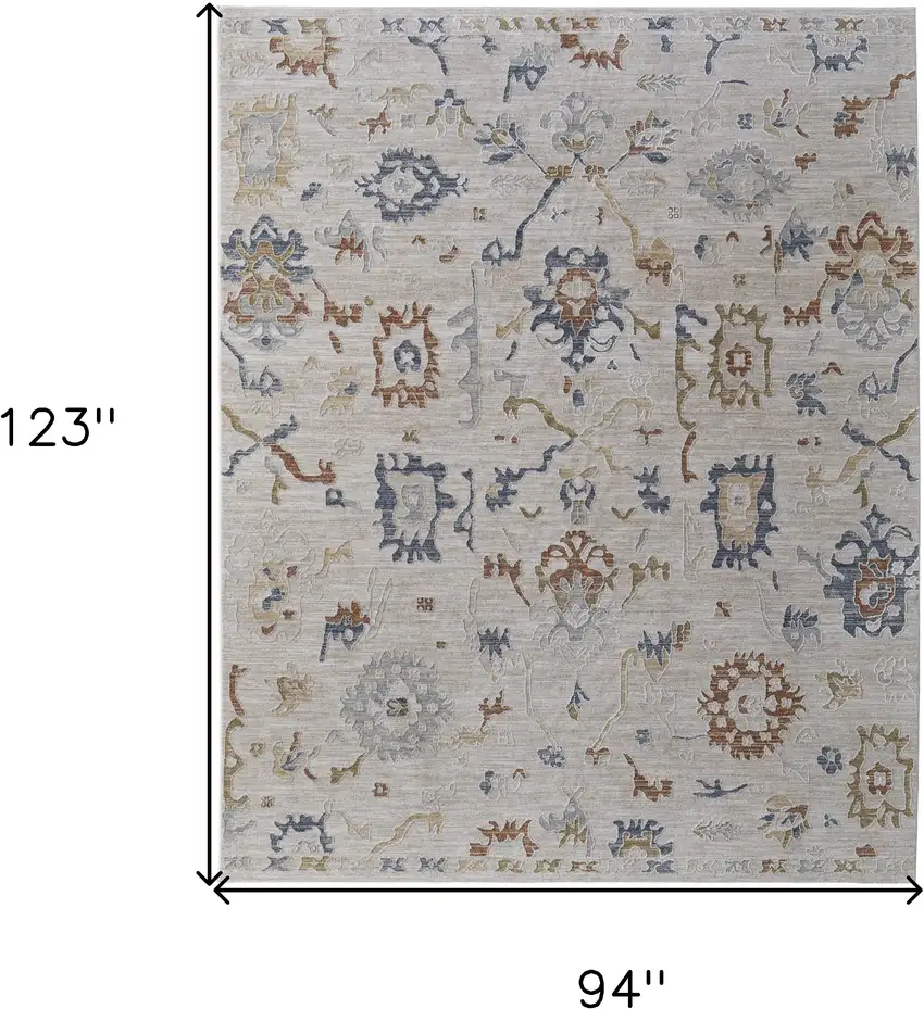 Ivory Blue and Gold Floral Power Loom Worn Faded Area Rug With Fringe Photo 3