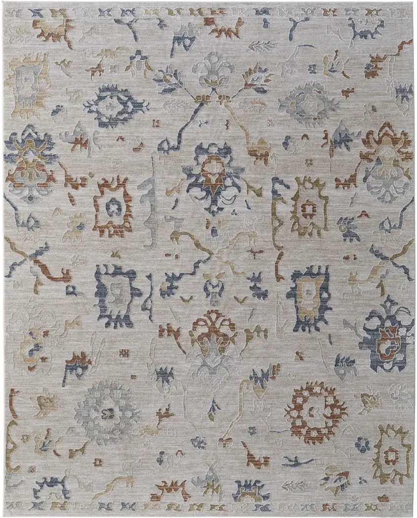 Ivory Blue and Gold Floral Power Loom Worn Faded Area Rug With Fringe Photo 4