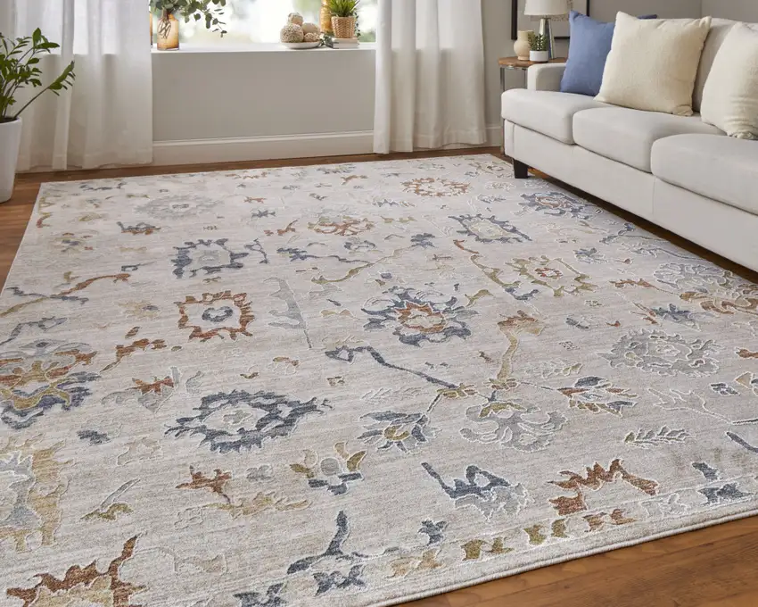 Ivory Blue and Gold Floral Power Loom Worn Faded Area Rug With Fringe Photo 9