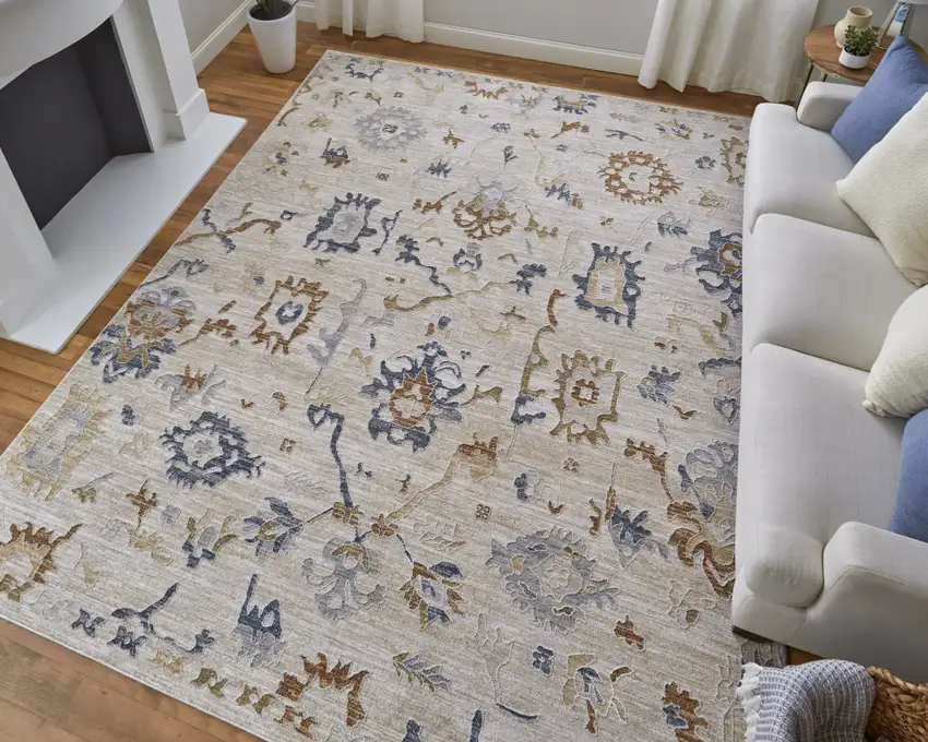 Ivory Blue and Gold Floral Power Loom Worn Faded Area Rug With Fringe Photo 9