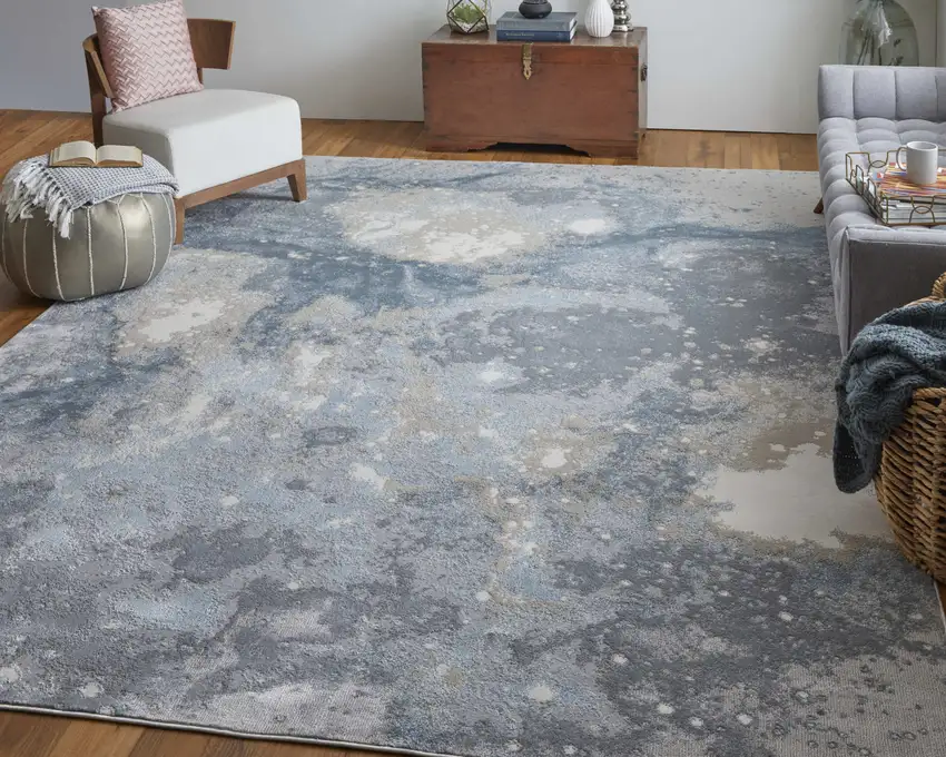 Ivory Blue and Gray Abstract Area Rug Photo 9
