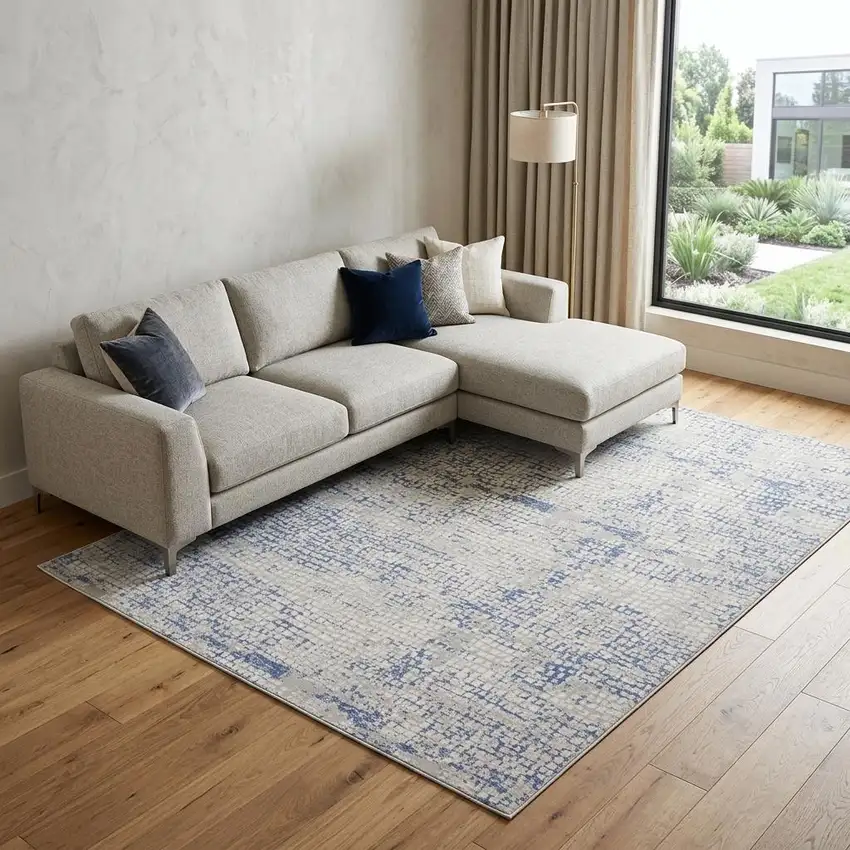 Ivory Blue and Gray Abstract Distressed Non Skid Area Rug Photo 1