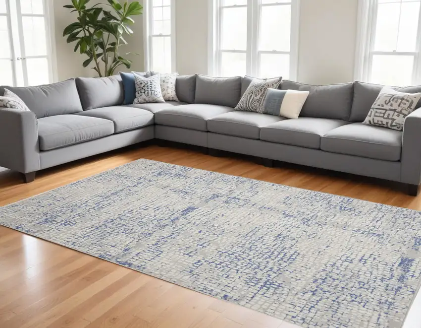 Ivory Blue and Gray Abstract Distressed Non Skid Area Rug Photo 1