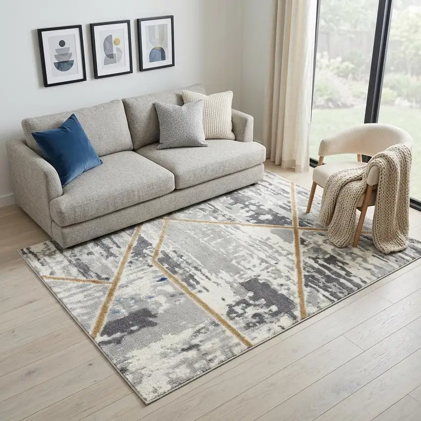 Ivory Blue and Gray Abstract Non Skid Area Rug Photo 1