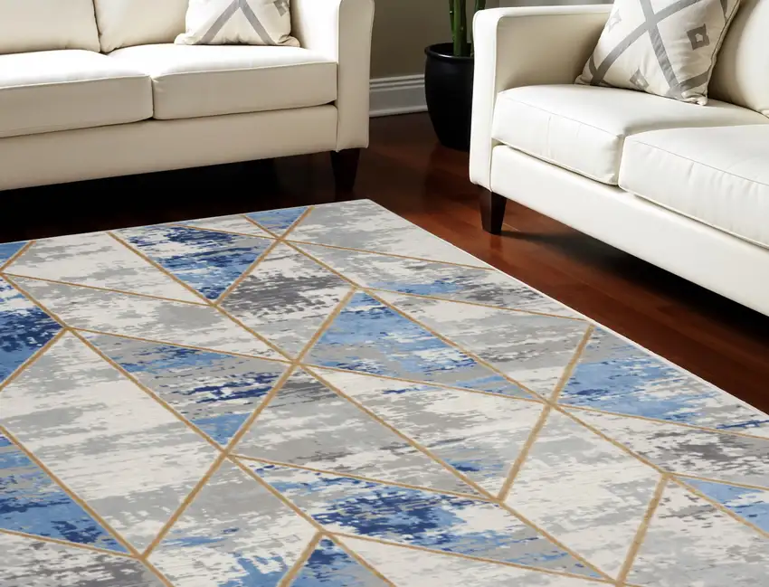 Ivory Blue and Gray Abstract Non Skid Area Rug Photo 1