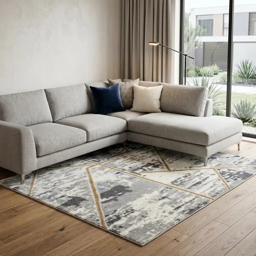 Ivory Blue and Gray Abstract Non Skid Area Rug Photo 1