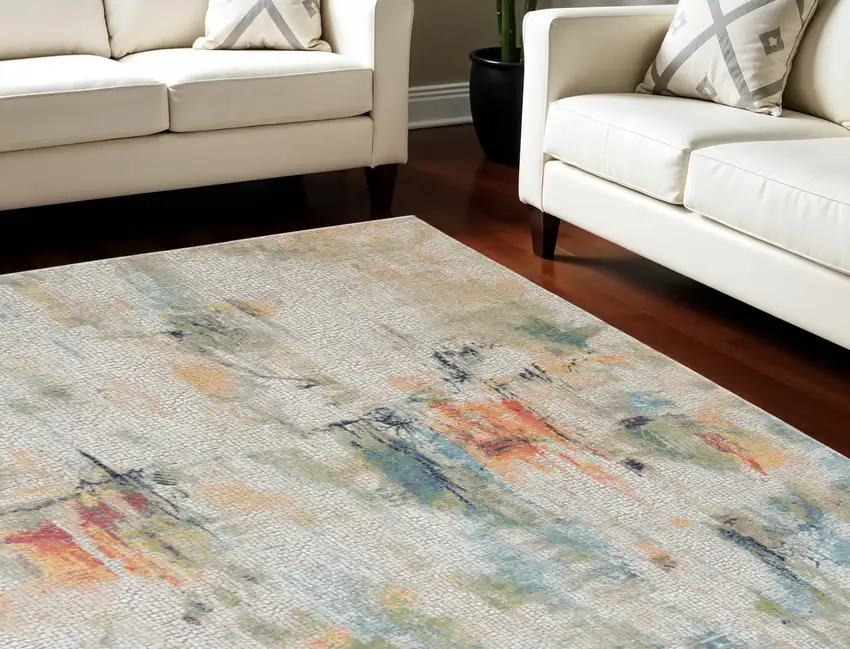 Ivory Blue and Gray Abstract Non Skid Area Rug Photo 1