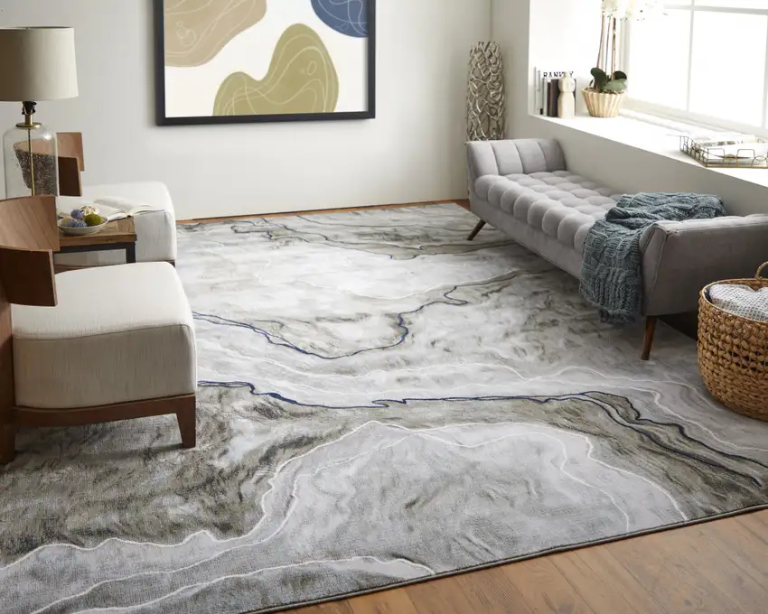 Ivory Blue and Gray Abstract Power Loom Area Rug Photo 6