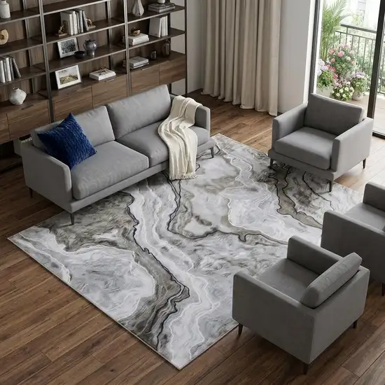 Ivory Blue and Gray Abstract Power Loom Area Rug Photo 1