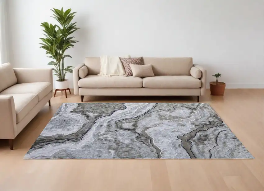 Ivory Blue and Gray Abstract Power Loom Area Rug Photo 1