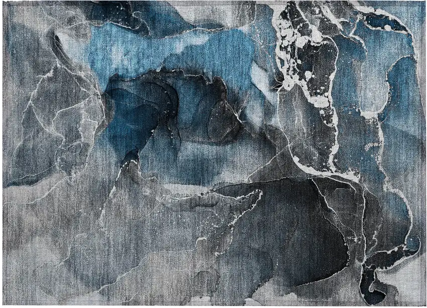Ivory Blue and Gray Abstract Washable Non Skid Indoor Outdoor Area Rug Photo 2