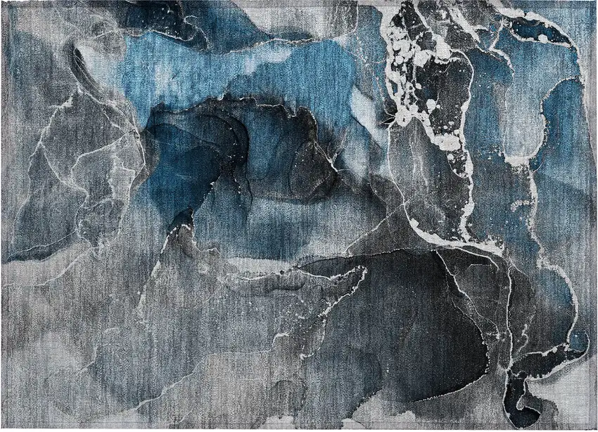 Ivory Blue and Gray Abstract Washable Non Skid Indoor Outdoor Area Rug Photo 2