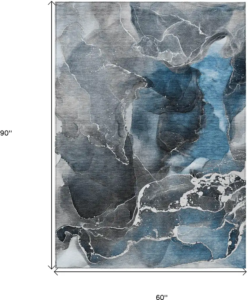 Ivory Blue and Gray Abstract Washable Non Skid Indoor Outdoor Area Rug Photo 3