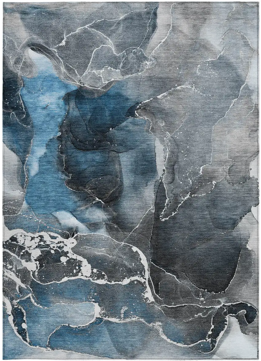 Ivory Blue and Gray Abstract Washable Non Skid Indoor Outdoor Area Rug Photo 4