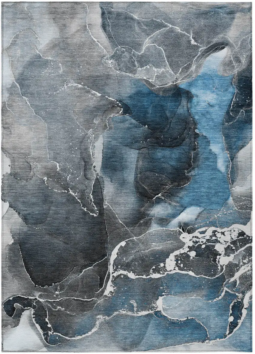 Ivory Blue and Gray Abstract Washable Non Skid Indoor Outdoor Area Rug Photo 2
