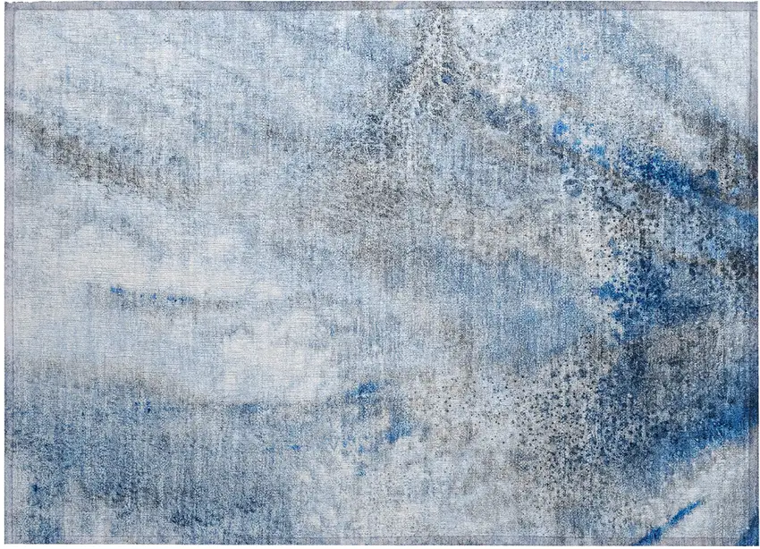 Ivory Blue and Gray Abstract Washable Non Skid Indoor Outdoor Area Rug Photo 2