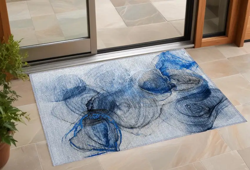 Ivory Blue and Gray Abstract Washable Non Skid Indoor Outdoor Area Rug Photo 1