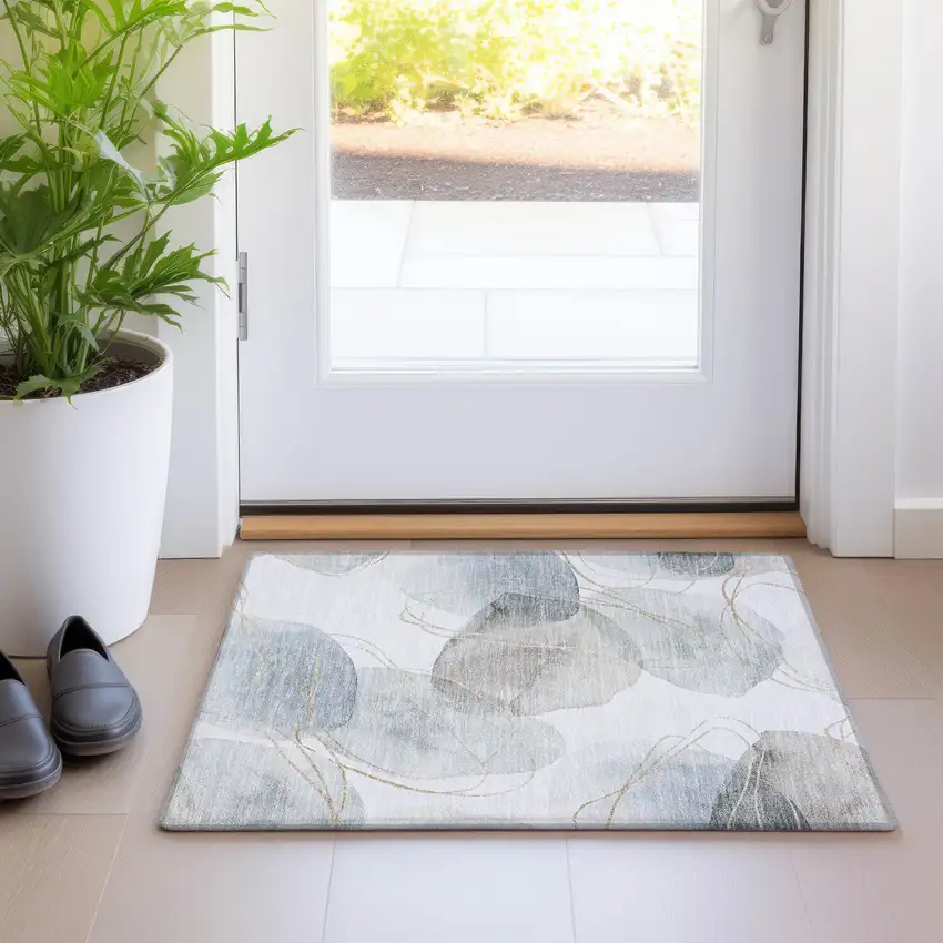 Ivory Blue and Gray Abstract Washable Non Skid Indoor Outdoor Area Rug Photo 9